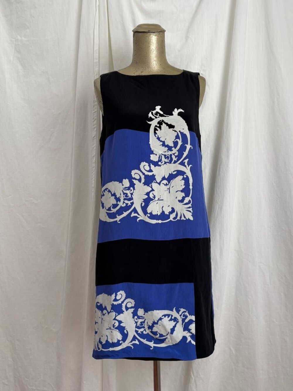 Tibi 100% Silk Black Blue Shift Dress Sz 6 Retro 60s Mod Artsy Color Block